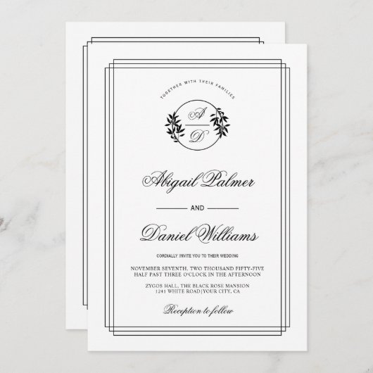 Invitation Elegant black, white branch and QR code wedding (Devant / Derrière)