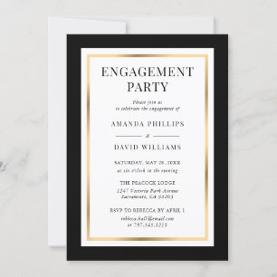 Invitation Élégant Black White et Gold Engagement Party