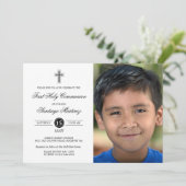Invitation Elégant Black White First Communion Photo Boy (Debout devant)