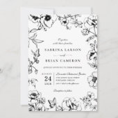 Invitation Elegant Black White Floral Garden QR Code Wedding (Devant)