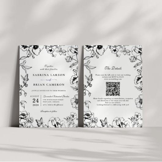 Invitation Elegant Black White Floral Garden QR Code Wedding