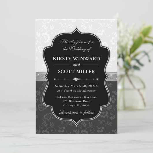 Invitation Elegant Black White Frame Floral Wedding (Debout devant)