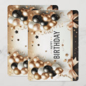 Invitation Elégant Black White & Gold Balloons Joyeux anniver (Devant / Derrière)