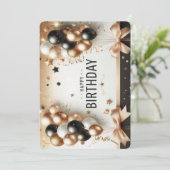 Invitation Elégant Black White & Gold Balloons Joyeux anniver (Debout devant)