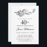 Invitation Elégant Black White Golf 40e anniversaire<br><div class="desc">Elégante invitation d'anniversaire en noir et blanc pour un golfeur. Le top de l'invitation est décoré d'accessoires de golf - un club de golf, balle de golf, casquette et gants. L'aquarelle crée une esthétique traditionnelle et classique. Parfait pour un bain d'anniversaire au club ou un jardin barbecue. Tout le texte...</div>