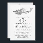 Invitation Elégant Black White Golf 40e anniversaire<br><div class="desc">Elégante invitation d'anniversaire en noir et blanc pour un golfeur. Le top de l'invitation est décoré d'accessoires de golf - un club de golf, balle de golf, casquette et gants. L'aquarelle crée une esthétique traditionnelle et classique. Parfait pour un bain d'anniversaire au club ou un jardin barbecue. Tout le texte...</div>