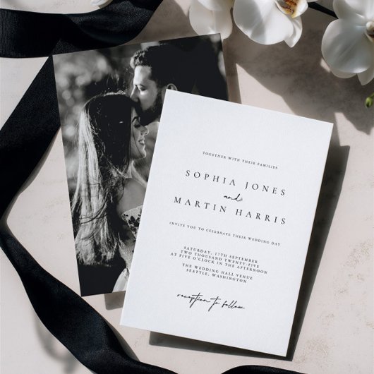 Invitation Elegant Black & White Minimalist Wedding Photo