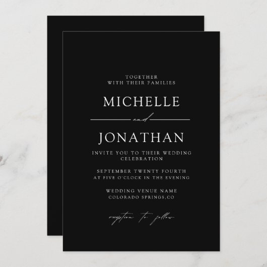 Invitation Elegant Black White Script Wedding | All In One (Devant / Derrière)