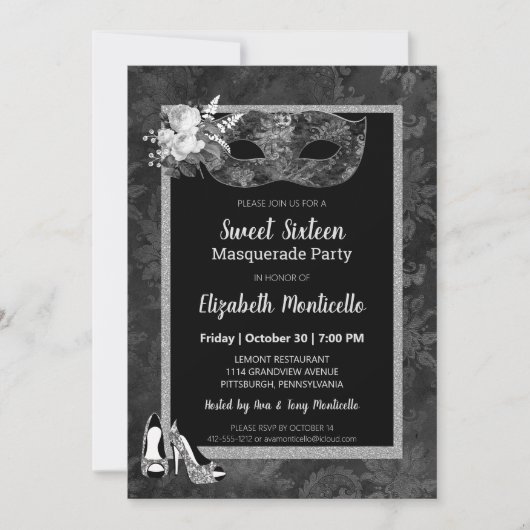 Invitation Élégant Black/White Sweet 16 Masquerade Party (Devant)