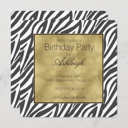 Invitation Elégant Black Zebra Imprimer Anniversaire (Devant / Derrière)