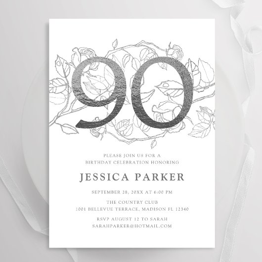 Invitation Elégant blanc argenté 90e anniversaire