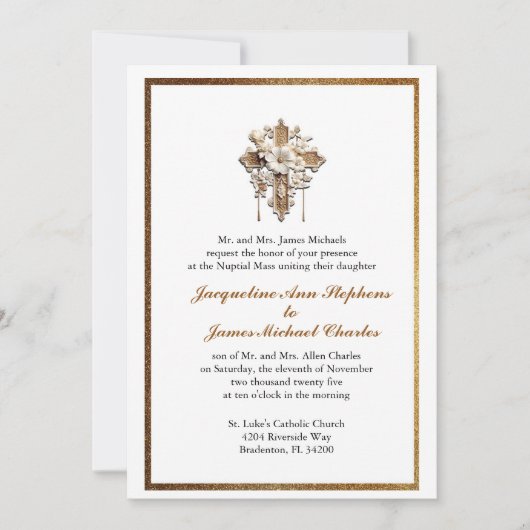 Invitation Elégant blanc avec Mariage de finition or (Devant)
