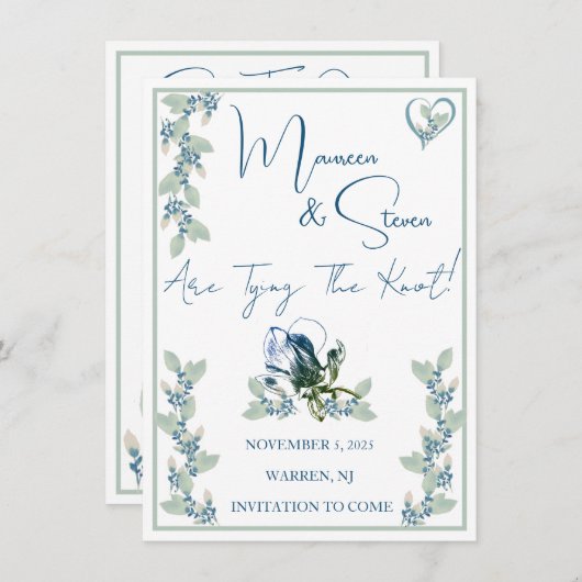 Invitation Élégant Blanc, Bleu Et Vert Floral Enregistrer La  (Devant / Derrière)