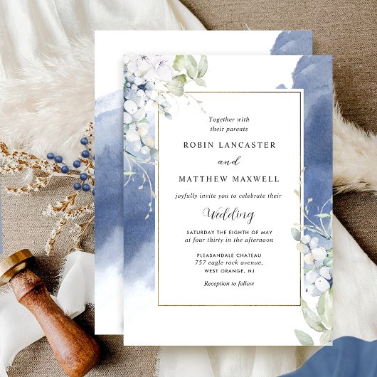 Invitation Elégant blanc, bleu marine Floral Mariage aquarell