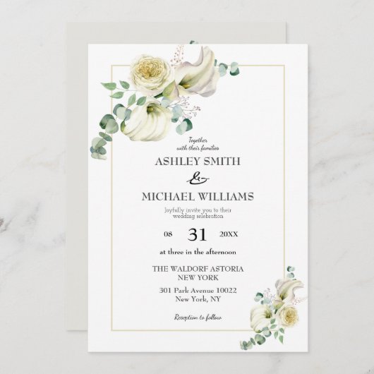 Invitation Elégant blanc Calla Lily & Eucalyptus Verdure (Devant / Derrière)
