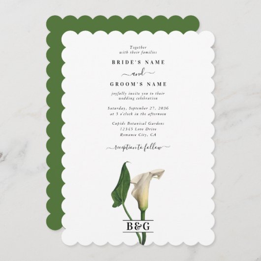Invitation Elégant blanc Calla Lily Vert Mariage botanique (Devant / Derrière)