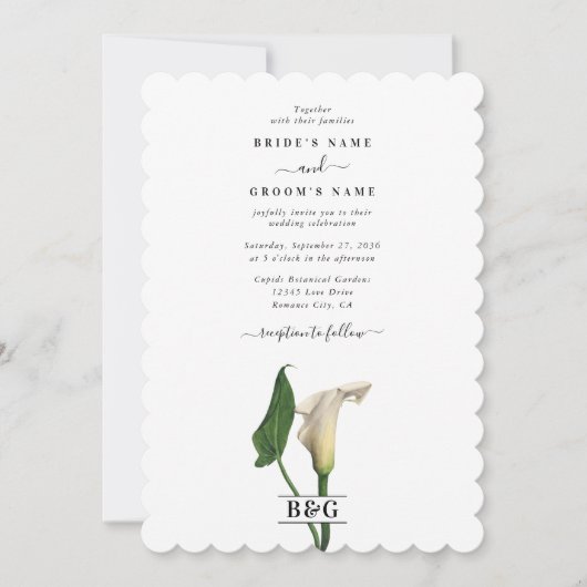 Invitation Elégant blanc Calla Lily Vert Mariage botanique (Devant)