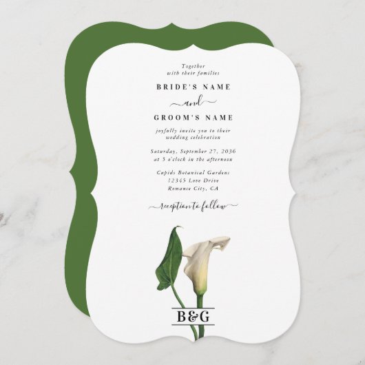 Invitation Elégant blanc Calla Lily Vert Mariage botanique (Devant / Derrière)