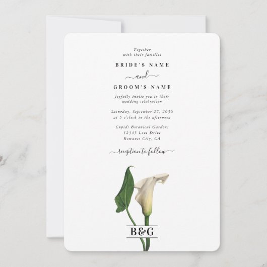 Invitation Elégant blanc Calla Lily Vert Mariage botanique (Devant)