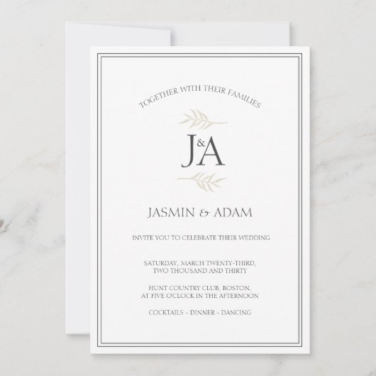 Invitation Élégant Blanc classique simple Initiales Mariage (Devant)