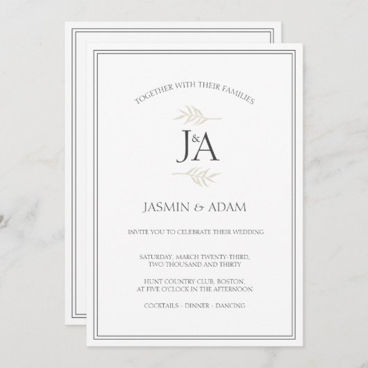 Invitation Élégant Blanc classique simple Initiales Mariage (Devant / Derrière)