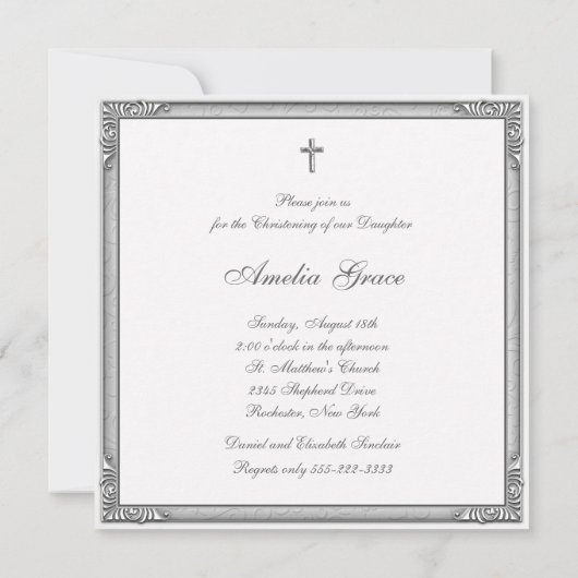 Invitation Élégant blanc Damas photo Christening (Dos)