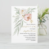 Invitation Elégant blanc Dusty Rose Fleurs Bouquet Baptême (Debout devant)