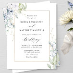 Invitation Elégant Blanc et Bleu Floral et Mariage de verdure<br><div class="desc">Dégustez vos invités avec cette belle faire-part de mariage aux fleurs d'aquarelle et à la verdure incessante cadre doré qui met en valeur vos détails mariages. Eléments de calligraphie manuscrits modernes. Aptitude à changer "ensemble avec leurs parents" introduction à "ensemble avec leurs familles", "avec une grande joie" ou "ensemble avec...</div>