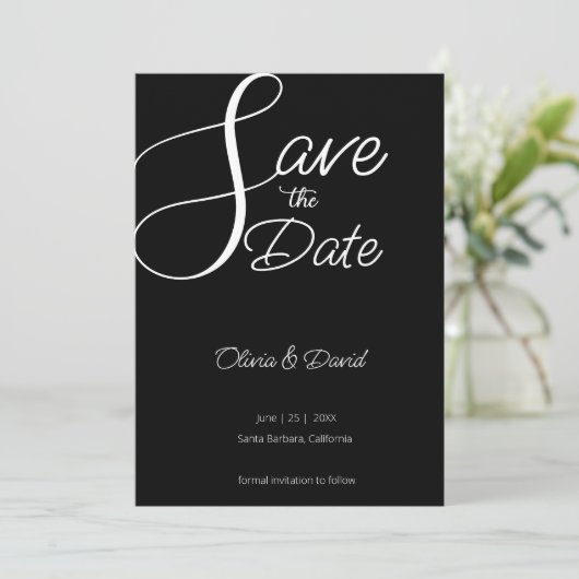 Invitation Élégant blanc et noir Enregistrer la date (Debout devant)