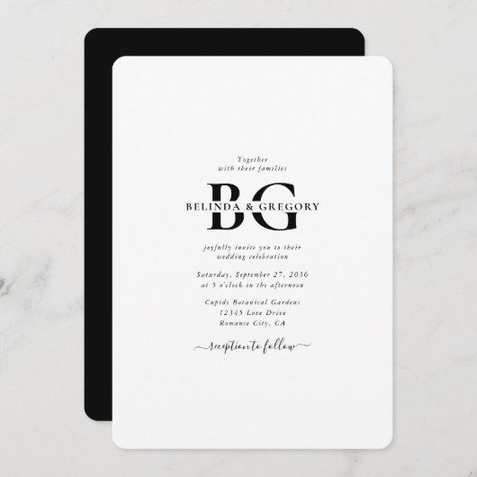 Invitation Élégant blanc et noir Mariage des initiales de mon (Devant / Derrière)
