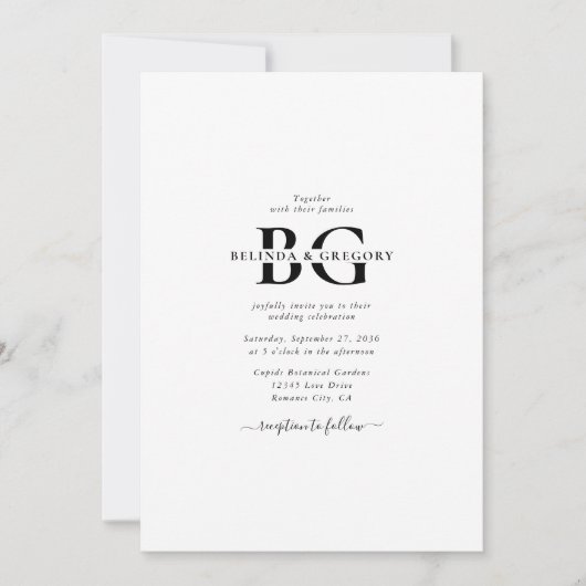 Invitation Élégant blanc et noir Mariage des initiales de mon (Devant)