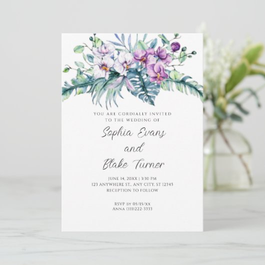 Invitation Élégant blanc et violet Mariage blanc (Debout devant)