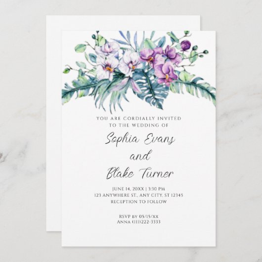 Invitation Élégant blanc et violet Mariage blanc (Devant / Derrière)