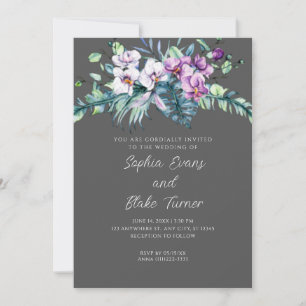 Invitation Élégant blanc et violet Mariage gris floral