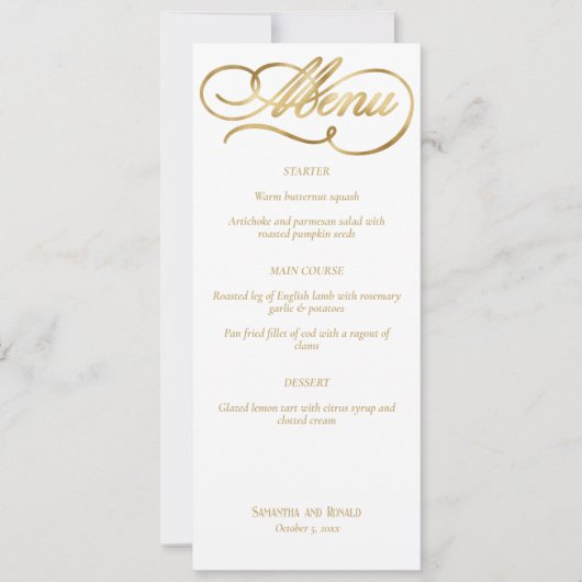 Invitation Elégant Blanc & Faux Gold Calligraphy Menu Mariage (Devant)