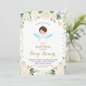 Invitation Élégant blanc floral Angélique garçon Baptême (Debout devant)