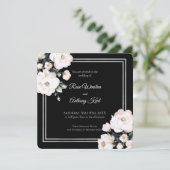 Invitation Elégant blanc Floral Argent Frame Mariage noir (Debout devant)