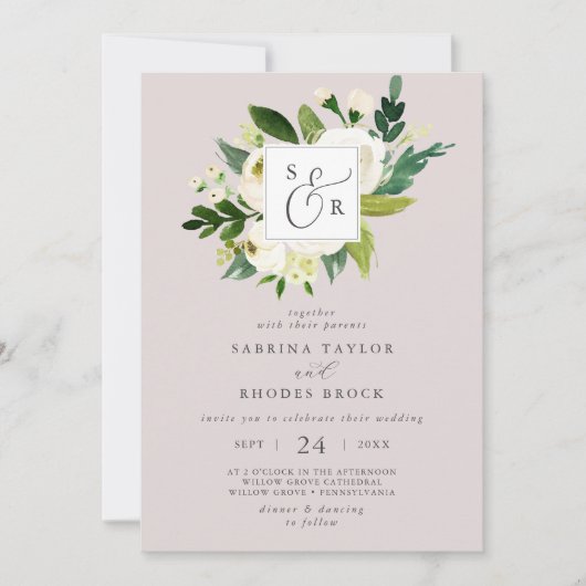 Invitation Élégant blanc floral Blush Mauve Mariage Monogramm (Devant)
