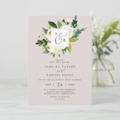 Invitation Élégant blanc floral Blush Mauve Mariage Monogramm (Debout devant)