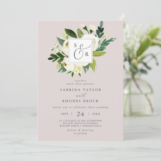 Invitation Élégant blanc floral Blush Mauve Mariage Monogramm (Debout devant)