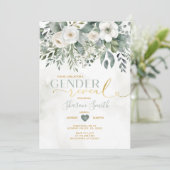 Invitation Élégant Blanc Floral Et Eucalyptus Sexe Révéler (Debout devant)