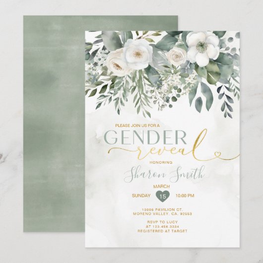 Invitation Élégant Blanc Floral Et Eucalyptus Sexe Révéler (Devant / Derrière)