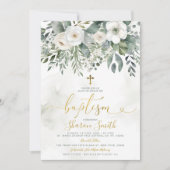 Invitation Elégant Blanc Floral Eucalyptus Baptism Gold Cross (Devant)