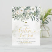 Invitation Elégant Blanc Floral Eucalyptus Baptism Gold Cross (Debout devant)