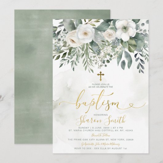 Invitation Elégant Blanc Floral Eucalyptus Baptism Gold Cross (Devant / Derrière)