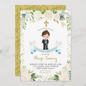 Invitation Elégant Blanc Floral Garçon Première Communion Sai (Devant / Derrière)