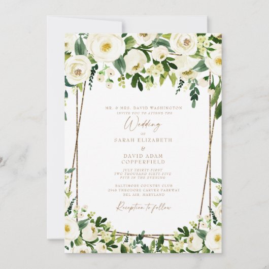 Invitation Élégant blanc floral & or Mariage formel (Devant)