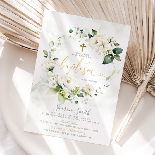 Invitation Élégant Blanc Floral Vert Baptême Baptême Baptême