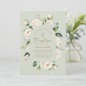 Invitation Élégant Blanc Floral Vieilli Sage Baptême (Debout devant)