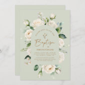 Invitation Élégant Blanc Floral Vieilli Sage Baptême (Devant / Derrière)